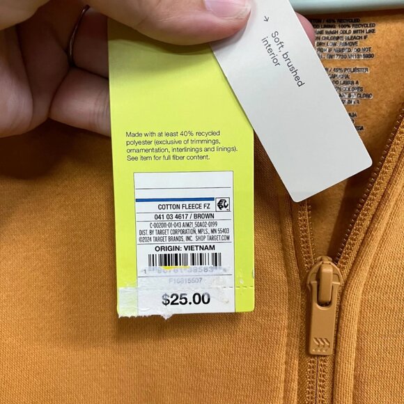 NWT All In Motion Men's Brown Cotton Fleece Full Zip Hooded Sweatshirt Pockets - Picture 6 of 12